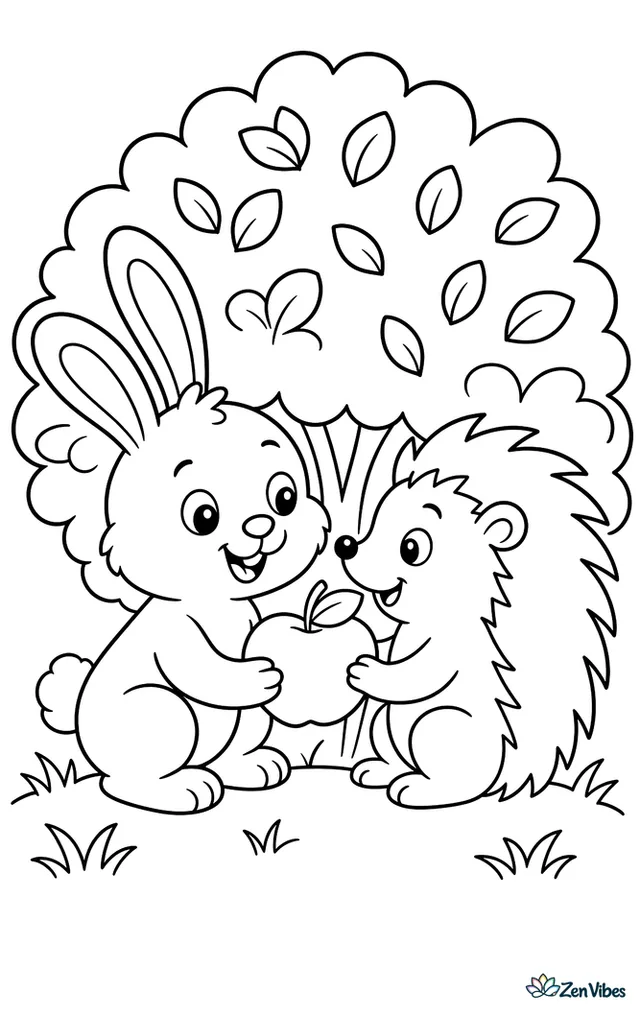 A bunny and a hedgehog sharing an apple under a bush
