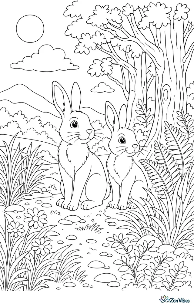Two wild rabbits sitting alert at the edge of a forest with tall grass, ferns, and tree trunks