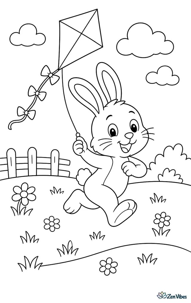 A bunny running across a meadow with a kite trailing behind it in the wind