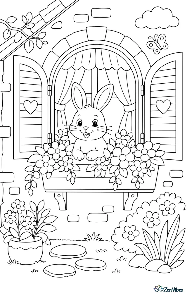 A bunny sitting in a window box among flowers with shutters and curtains behind