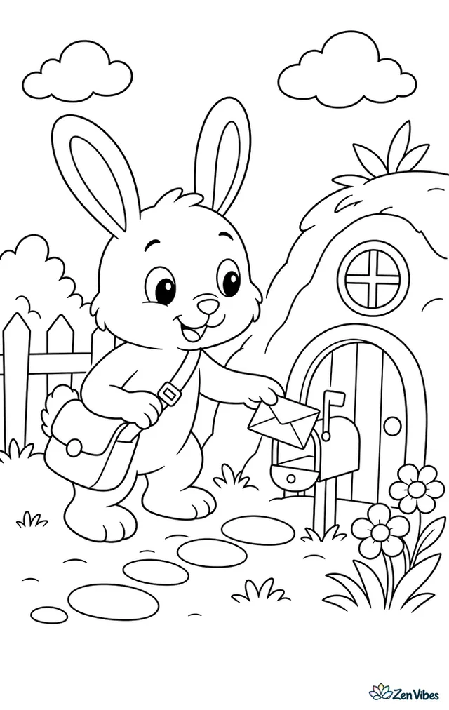 A bunny with a satchel delivering a letter to a tiny mailbox in front of a burrow door