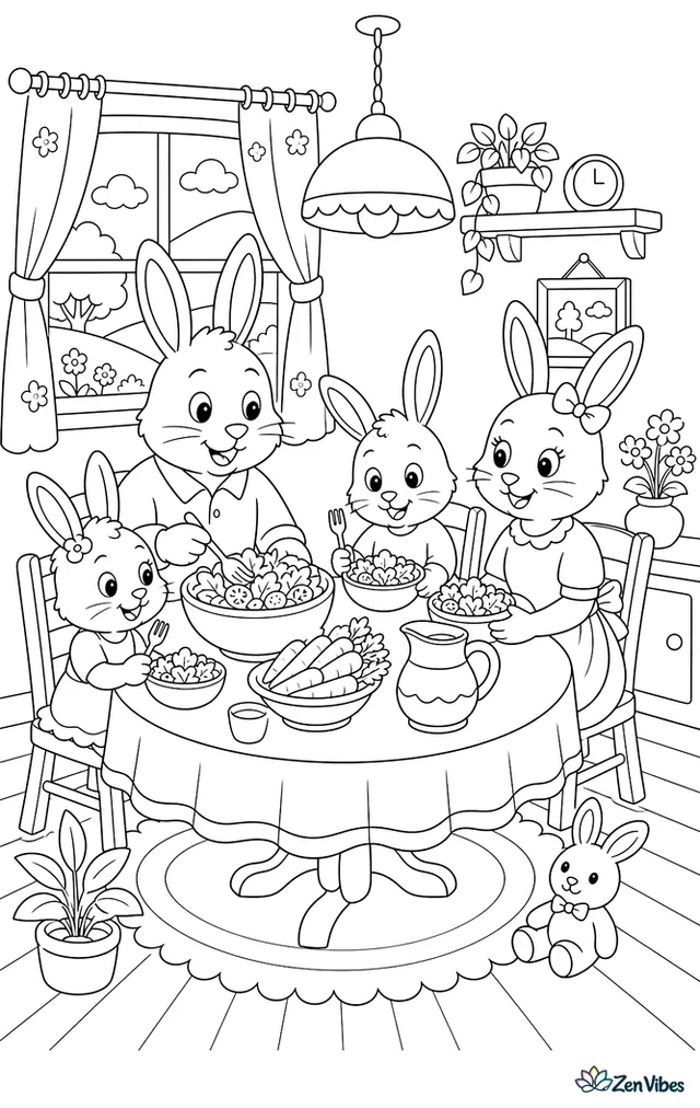 A bunny family around a table with bowls of salad, carrots, and a jug, a lamp hanging above