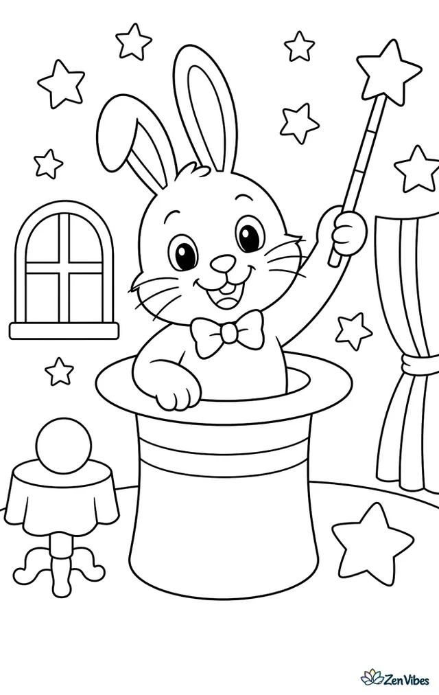 A bunny popping out of a top hat holding a wand with stars around