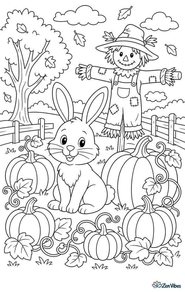 A bunny sitting among pumpkins of different sizes with vines and a scarecrow behind