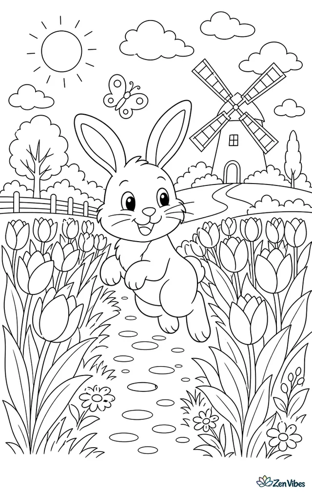 A bunny hopping between rows of tulips with a windmill far behind