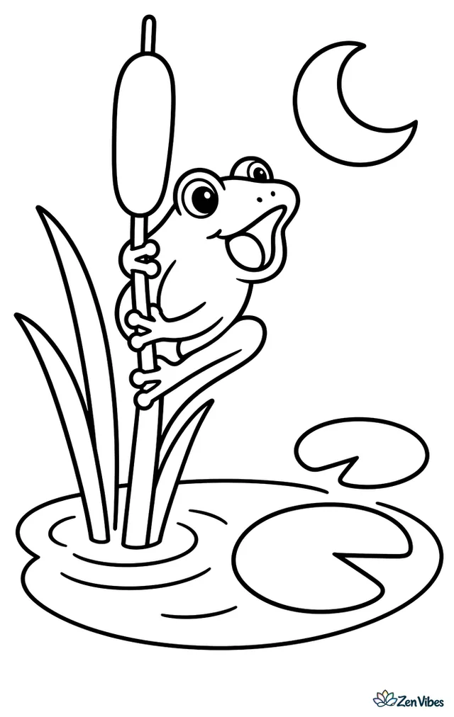 A spring peeper frog calls from a cattail stem beside a quiet pond, with lily pads, reeds, rippling water, and a crescent moon overhead.