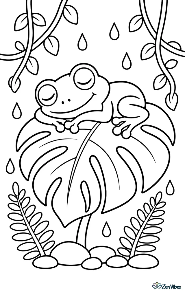 A red-eyed tree frog naps on a broad monstera leaf in a rainforest, surrounded by hanging vines, raindrops, fern fronds, and smooth pebbles below.