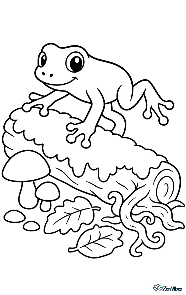 A golden poison dart frog hops across a mossy log on the forest floor, with mushrooms, fallen leaves, tiny stones, and curled roots nearby.