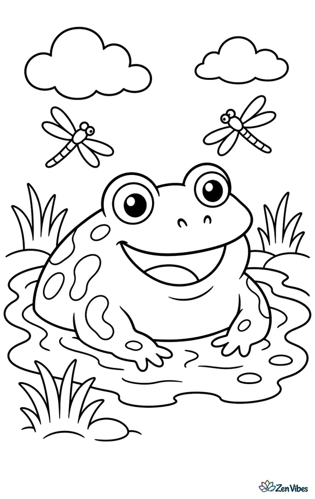 An African bullfrog soaks in a shallow muddy puddle on a grassy plain, with tufts of grass, dragonflies, smooth mud banks, and cloudy sky above.
