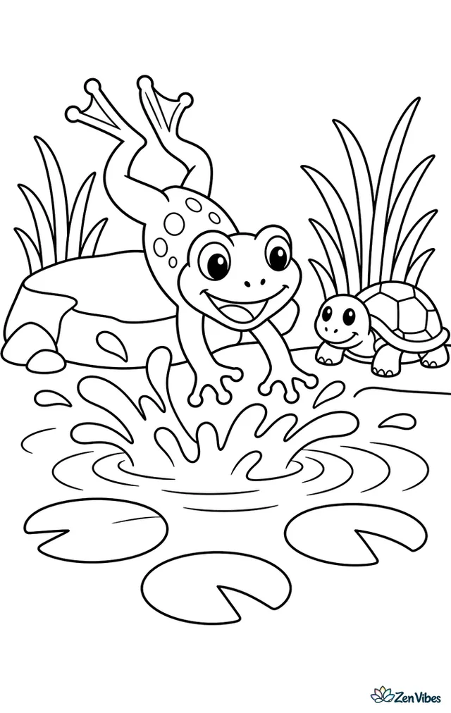 An American green frog splashes into a small pond from a flat rock, with lily pads, tall grass, pond ripples, and a resting turtle nearby.