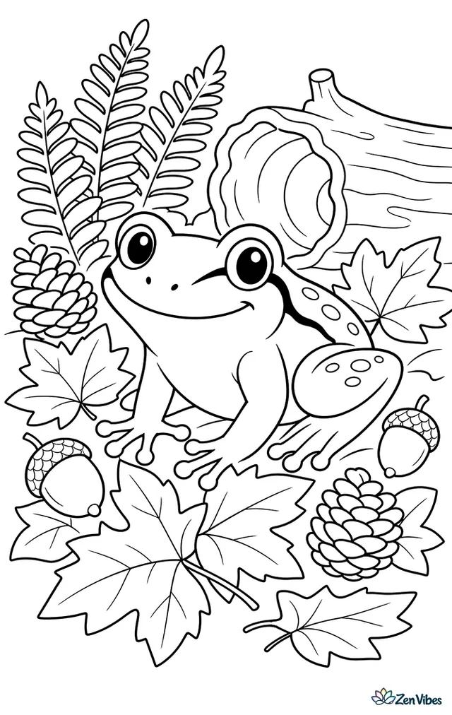A wood frog sits among fallen maple leaves in a woodland clearing, with acorns, ferns, a hollow log, and scattered pinecones around it.