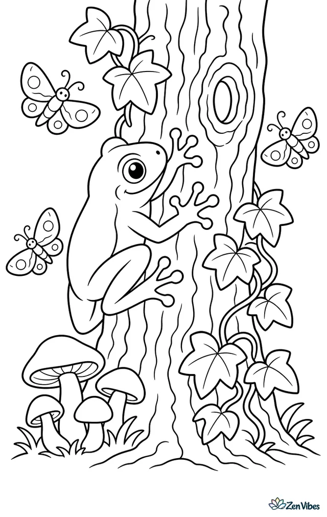 A gray treefrog climbs rough bark on an oak tree trunk, surrounded by ivy vines, a knot hole, fluttering moths, and clustered mushrooms at the base.