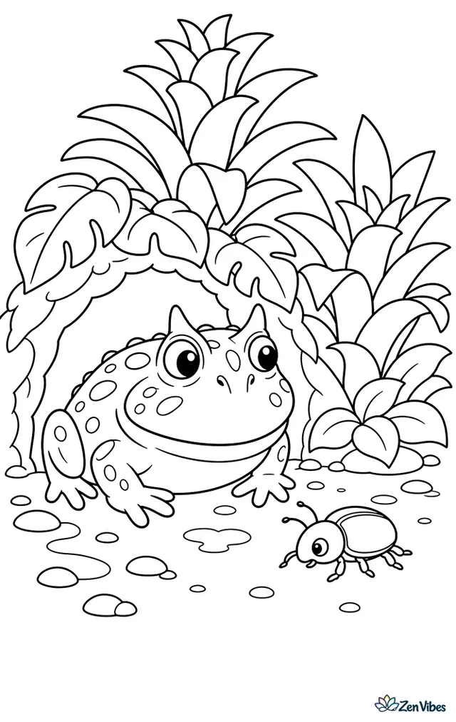 A horned frog waits beside a leafy burrow opening in a tropical garden, with bromeliads, damp soil, pebbles, and a curious beetle crawling past.
