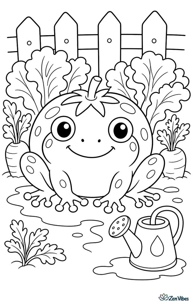 A tomato frog rests in a vegetable garden after rain, surrounded by lettuce leaves, carrot tops, watering can puddles, and a wooden fence.