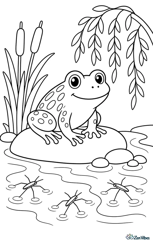 A pickerel frog perches on a creekside stone beside flowing water, with cattails, water striders, river pebbles, and arching willow branches nearby.