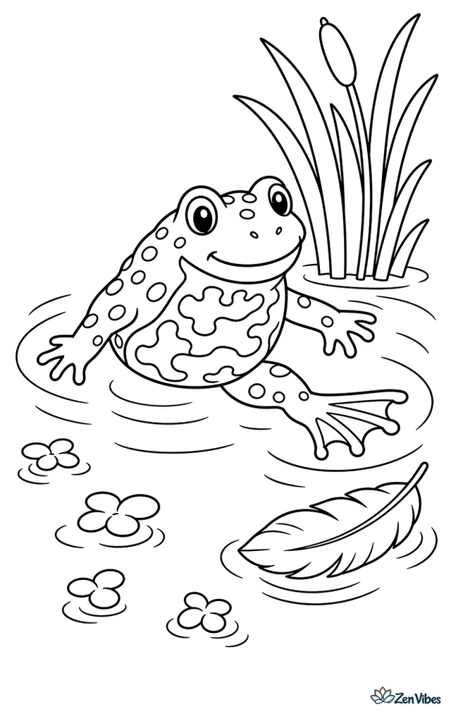 A fire-bellied toad floats near the edge of a calm pond, with duckweed, reeds, a floating feather, and gentle rings spreading on the surface.