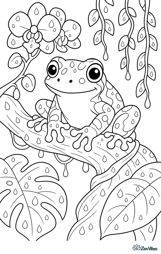 An Amazon milk frog perches on a twisting branch in a humid rainforest, with orchids, dangling vines, broad leaves, and raindrops on every surface.