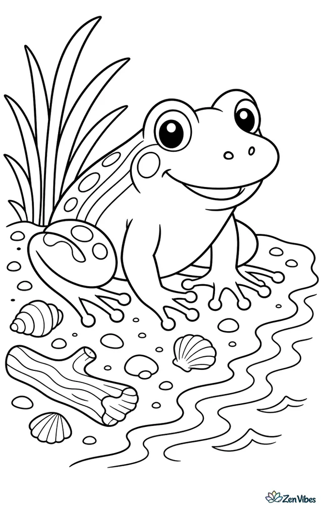 A northern cricket frog sits on sandy shore gravel at a lake edge, with tiny shells, beach grass, driftwood, and small wavelets lapping nearby.