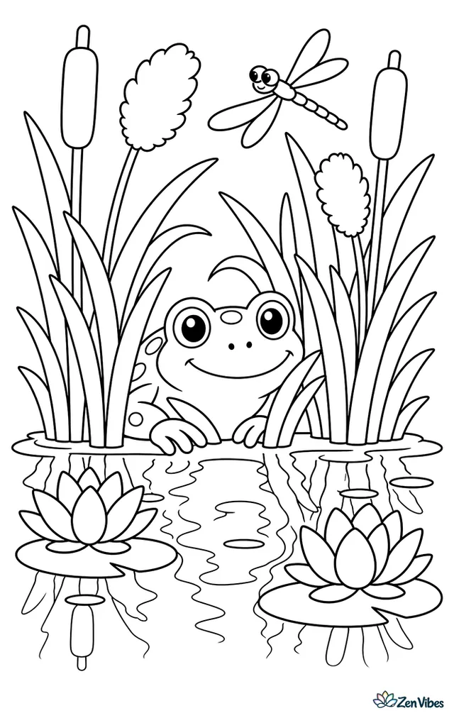 A mink frog hides among marsh reeds beside a still pool, with lily flowers, cattail fluff, a dragonfly, and layered reflections in the water.