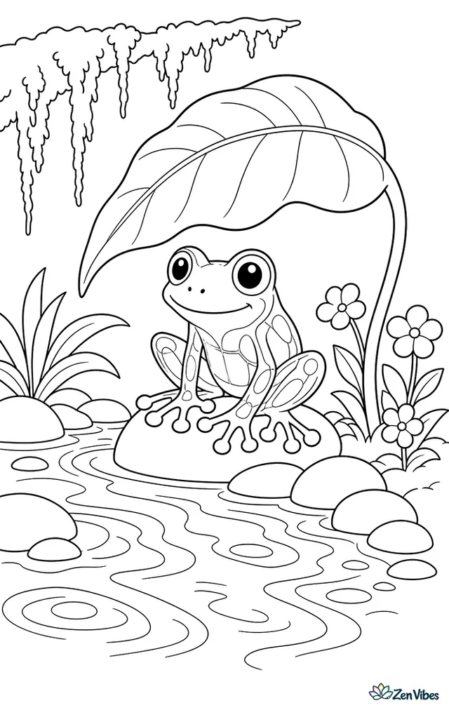 A glass frog rests beneath a translucent leaf over a stream, with hanging moss, smooth stones, water ripples, and tiny blossoms along the bank.