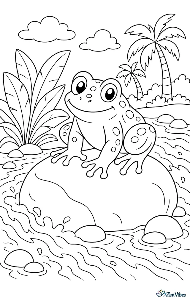 A goliath frog sits on a large riverbank boulder in central Africa, with rushing water, broad river plants, smaller stones, and distant palm fronds.