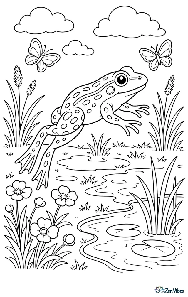 A northern leopard frog leaps through a wet meadow beside a pond, with buttercups, sedges, puddles, fluttering butterflies, and low clouds overhead.