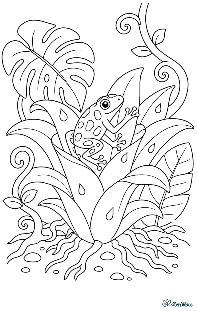 A strawberry poison dart frog climbs inside a bromeliad cup in the rainforest, surrounded by glossy leaves, droplets, curled vines, and tiny tree roots.