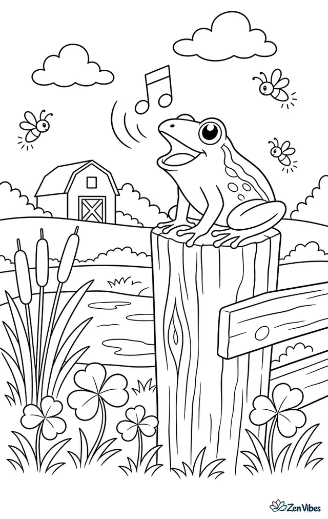 A western chorus frog sings from a weathered fencepost near a farm pond, with cattails, clover, fireflies, and a barn silhouette in the distance.