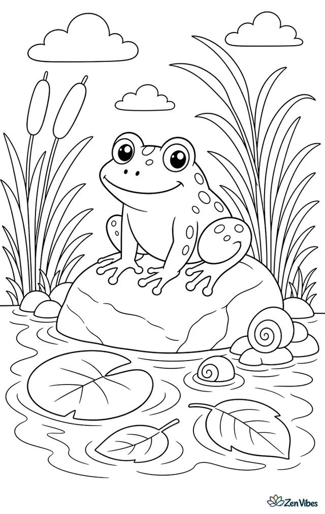 A marsh frog basks on a warm stone beside a reed-filled canal, with floating leaves, snail shells, ripples, and tall grasses bending in breeze.