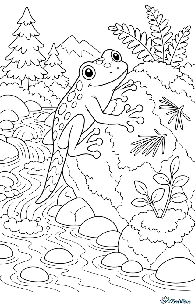 An coastal tailed frog clings to a streamside rock in a mountain forest, with rushing water, moss, ferns, pine needles, and rounded cobbles nearby.