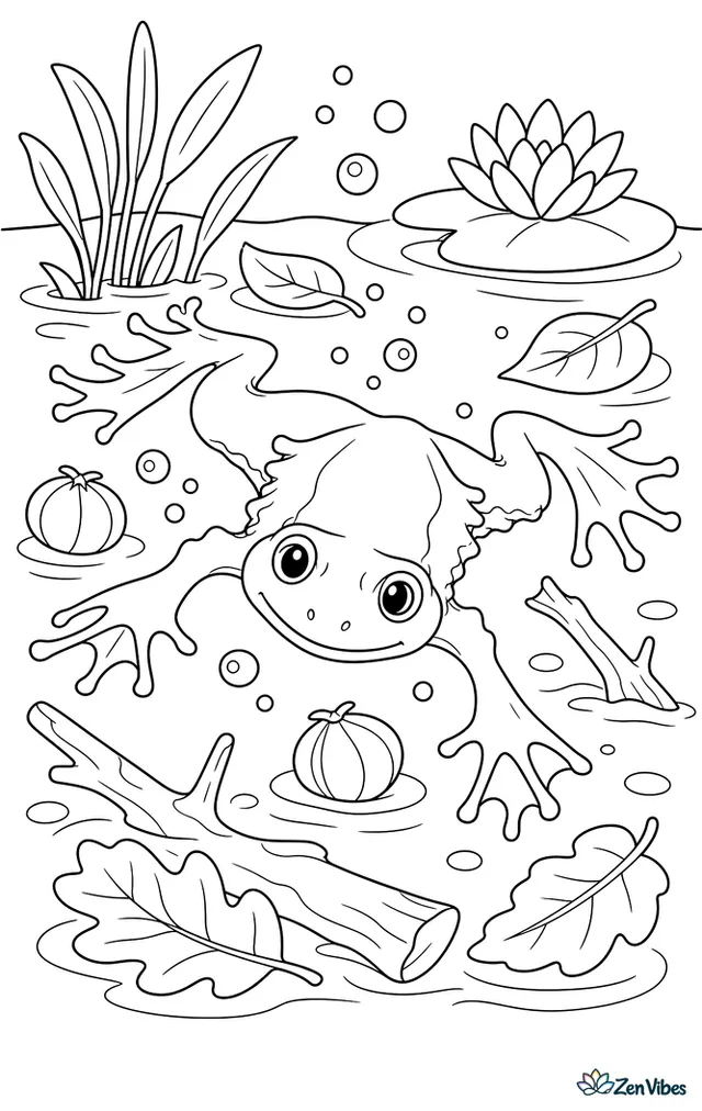 A Surinam toad glides through a leaf-strewn pond, with water plants, fallen branches, floating seed pods, and soft bubbles rising around it.