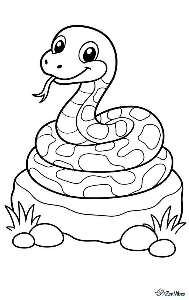 A corn snake lies coiled on a warm flat rock, tongue flicking, with a few smooth pebbles, short grass, and a simple sunny meadow background behind it.