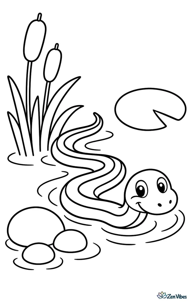 A common garter snake glides through shallow pond water, making gentle ripples, with two cattails, a lily pad, and rounded shoreline stones nearby.