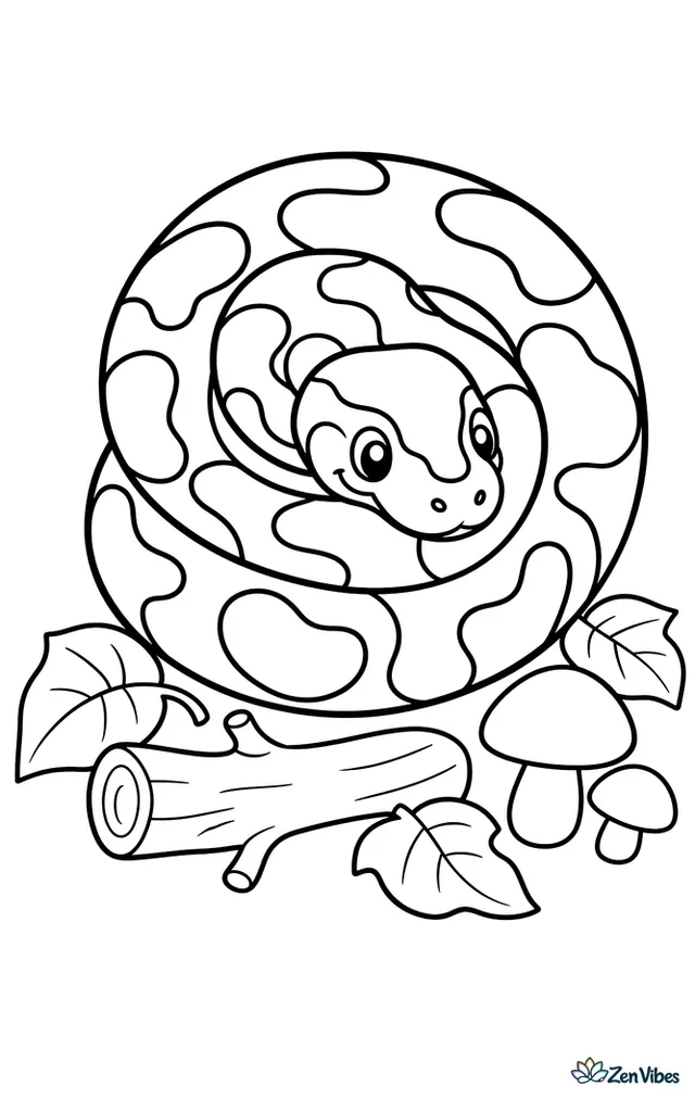 A ball python curls into a neat spiral on a leafy forest floor, resting beside one fallen branch, scattered leaves, and a couple of mushrooms.