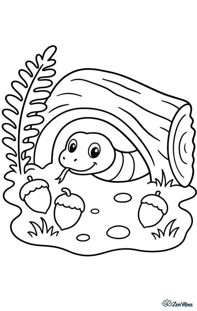 A ring-necked snake peeks from under a curved log, with acorns, fern fronds, and simple patches of dirt and grass around its woodland hiding place.