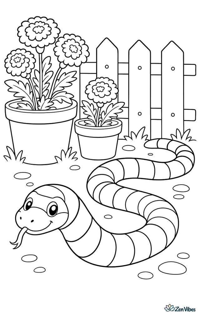 A California king snake stretches across a sunlit garden path, relaxing beside terracotta pots, marigolds, and a low wooden fence in the background.