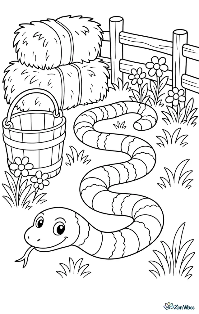 An eastern milk snake meanders through a barnyard corner, passing hay bales, a wooden bucket, wildflowers, and a split-rail fence under a clear sky.