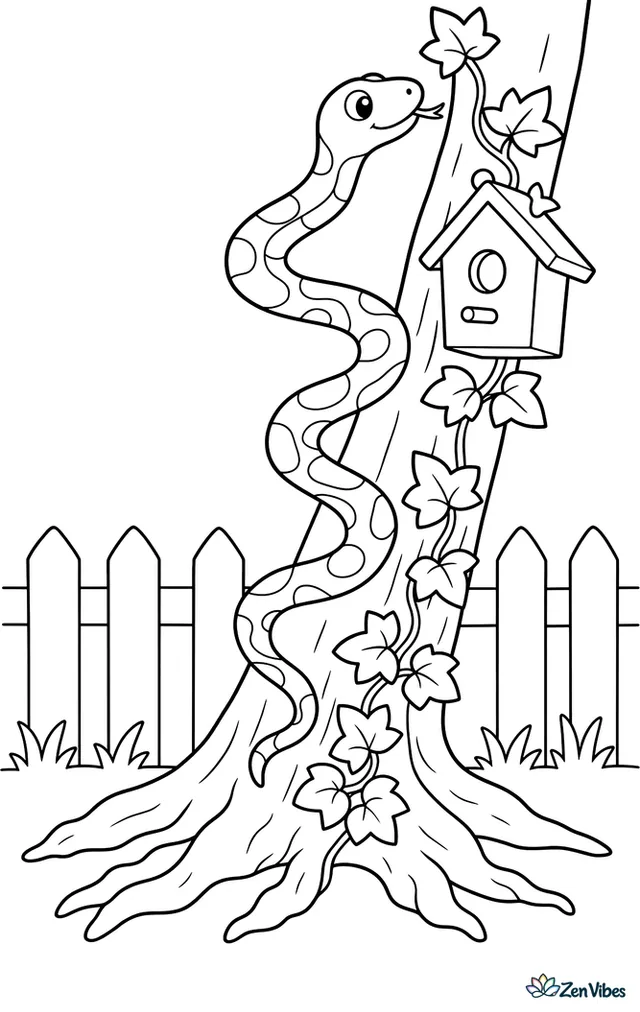 A gray rat snake climbs a leaning tree trunk, weaving past ivy leaves, a birdhouse, and exposed roots at the edge of a quiet backyard.