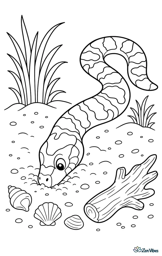 An eastern hog-nosed snake noses into sandy soil, digging near tufts of beach grass, tiny shells, and a driftwood branch on a calm dune.
