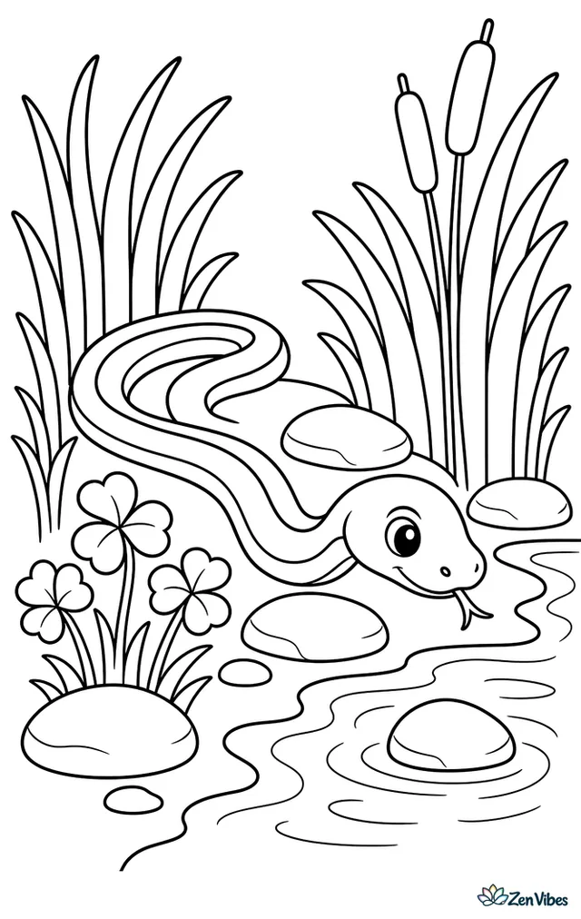 A western ribbon snake searches along a marsh edge, moving between reeds, clover, and flat stones while small ripples spread through the water.