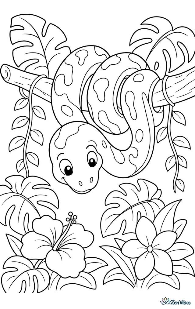 A green tree python loops over a sturdy rainforest branch, watching below, surrounded by broad leaves, hanging vines, and a few tropical flowers.