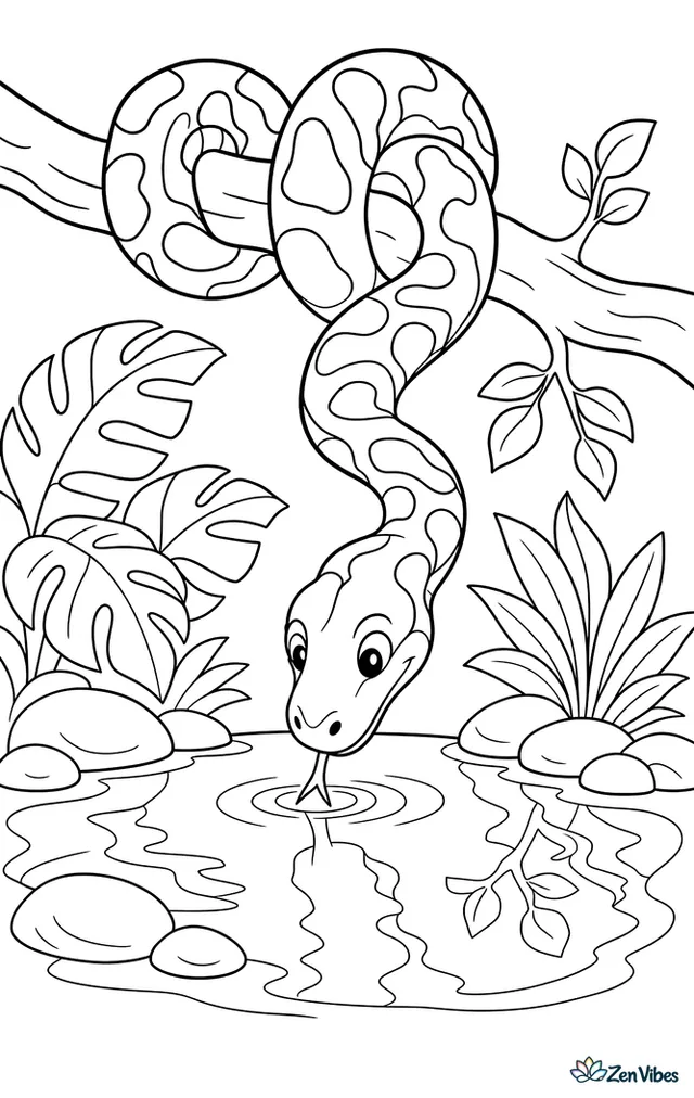A boa constrictor lowers its head to drink from a jungle pool, with large leaves, river stones, and reflected branches framing the quiet water.