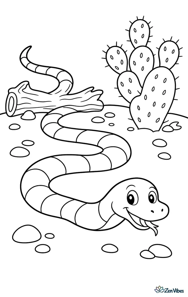 A coachwhip snake speeds across a desert trail, curving around prickly pear cactus, scattered pebbles, and a sun-bleached log beneath open sky.