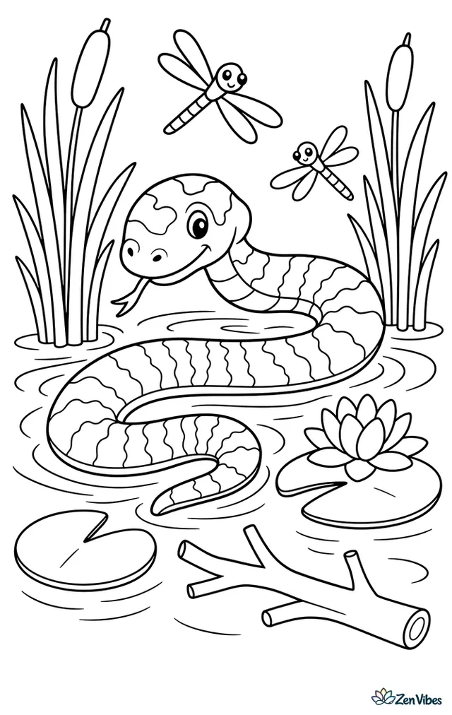 A northern water snake floats among pond reeds, partly coiled near lily pads, dragonflies, and a fallen twig while gentle waves ripple outward.