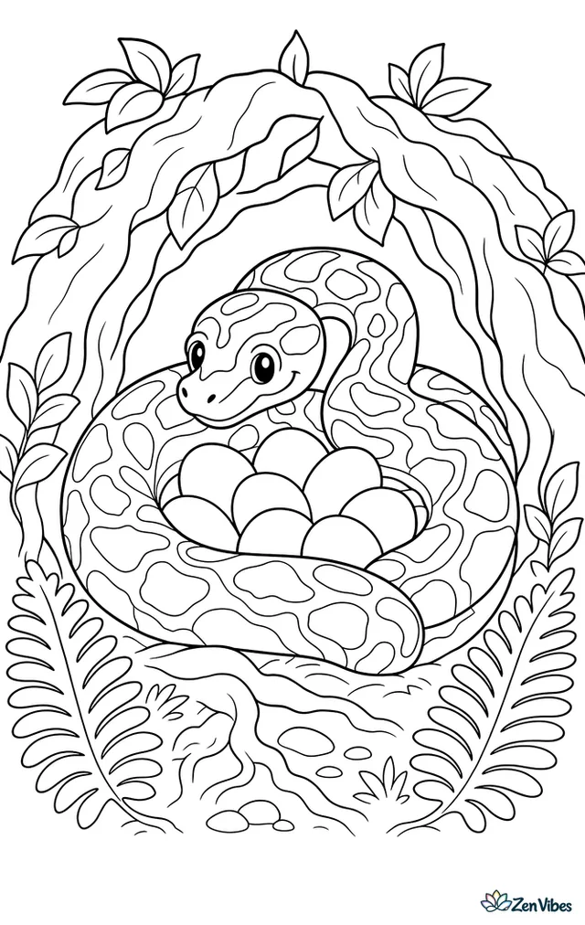 A Burmese python coils protectively around a nest of eggs inside a leafy hollow, with roots, ferns, and soft forest light filtering in.