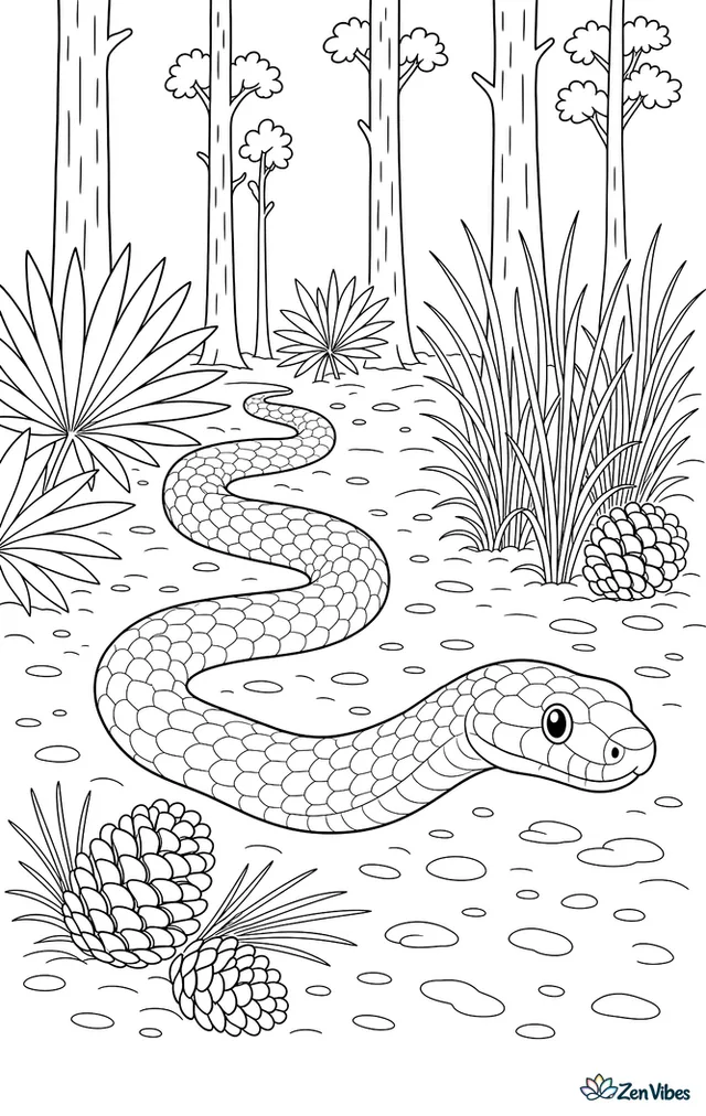 An eastern indigo snake crosses a sandy pine flatwood path, passing pinecones, saw palmetto leaves, and wiregrass under tall straight trunks.