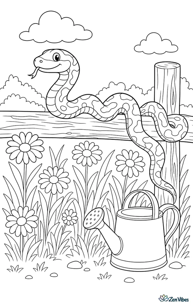 A western fox snake winds along an old wooden fence rail, overlooking a field with daisies, tall grass, a watering can, and distant shrubs.