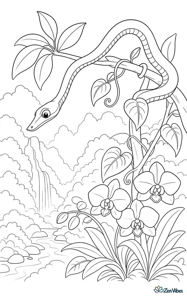 An Asian vine snake stretches between slender branches, carefully watching below, with layered leaves, curling tendrils, orchids, and a misty rainforest backdrop.