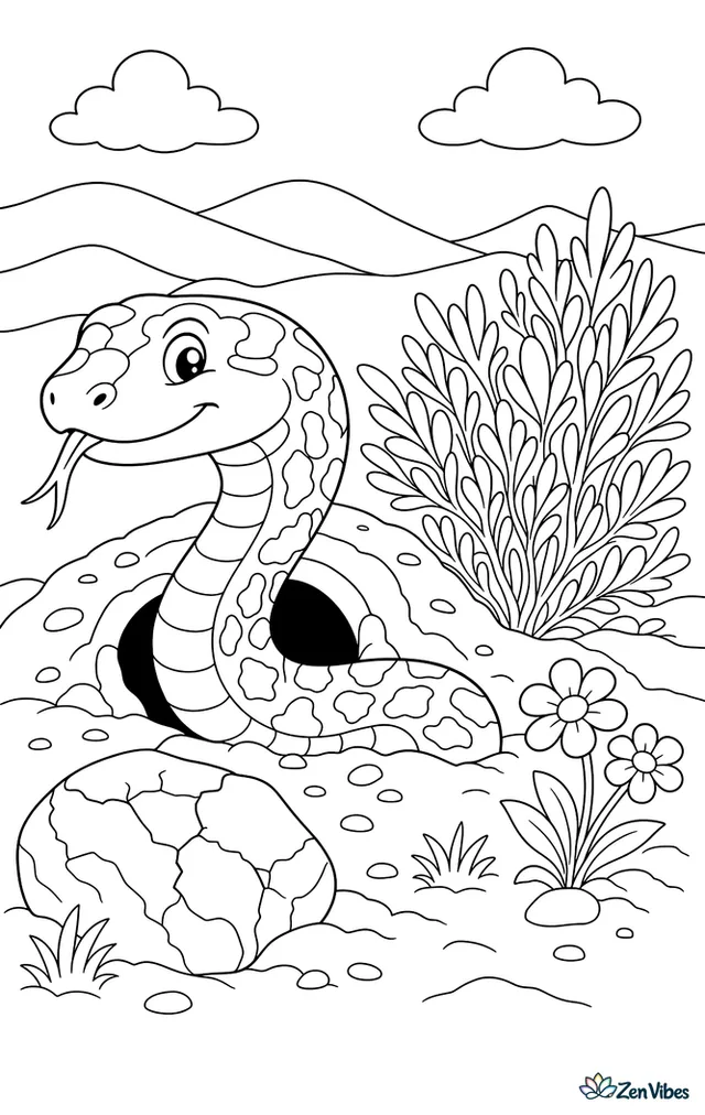 A gopher snake emerges from a burrow entrance, passing sagebrush, small desert flowers, a cracked stone, and low hills in the distance.