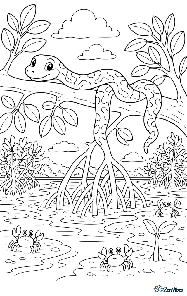 A mangrove snake drapes along a branch above tidal roots, surrounded by mangrove leaves, mudflats, tiny crabs, and calm water channels.